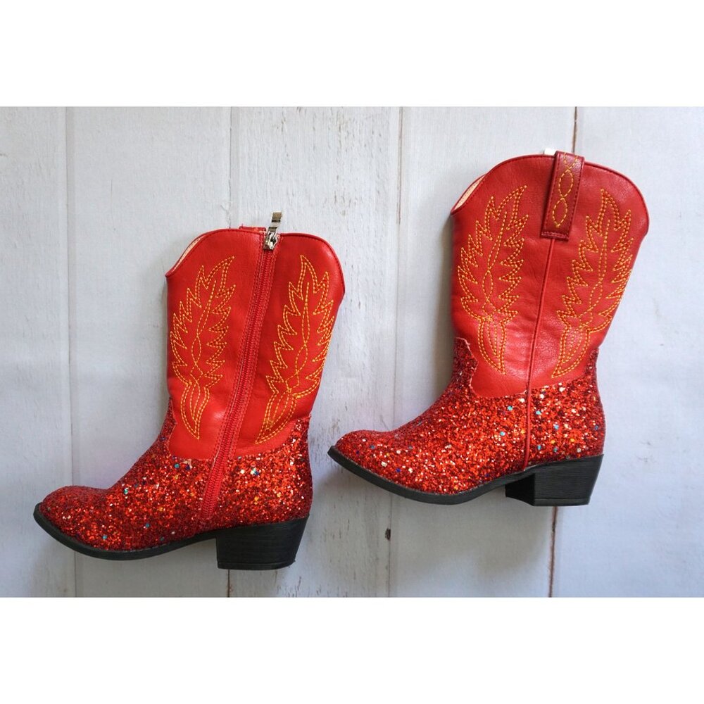 Cowboy Boots Red Glitter w/ Embroidered Design Western Style - Size 12 - Picture 2 of 13